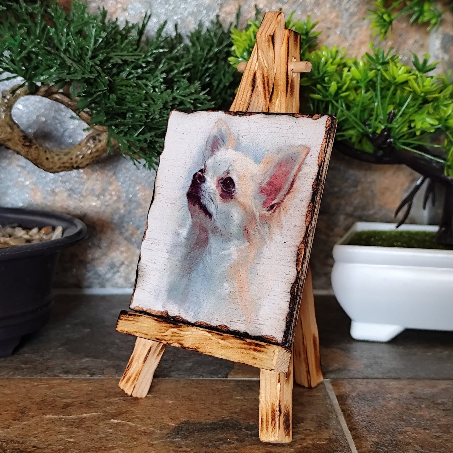 Retrato artesanal de chihuahua pelo largo sobre madera