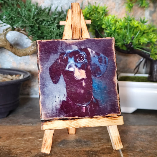 Retrato artesanal de perro salchicha (dachshund,Teckel) en madera