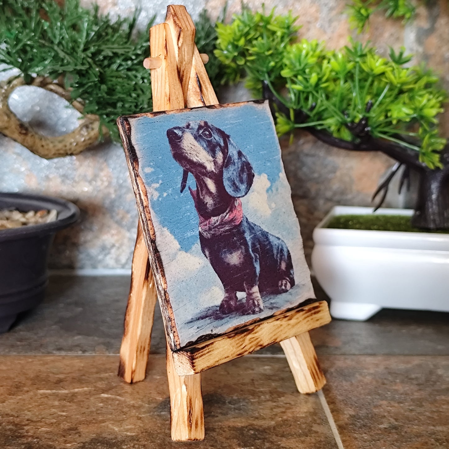 Cuadro en madera de Dachshund con pañuelo – Arte rústico y entrañable