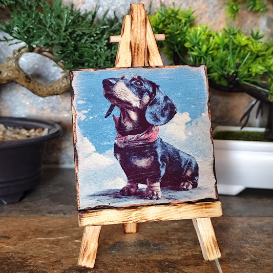 Cuadro en madera de Dachshund con pañuelo – Arte rústico y entrañable