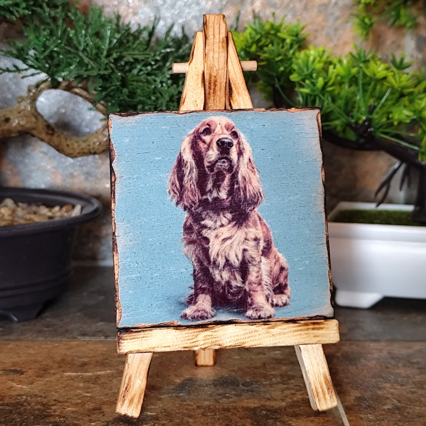 Retrato artesanal del Cocker Spaniel sobre madera