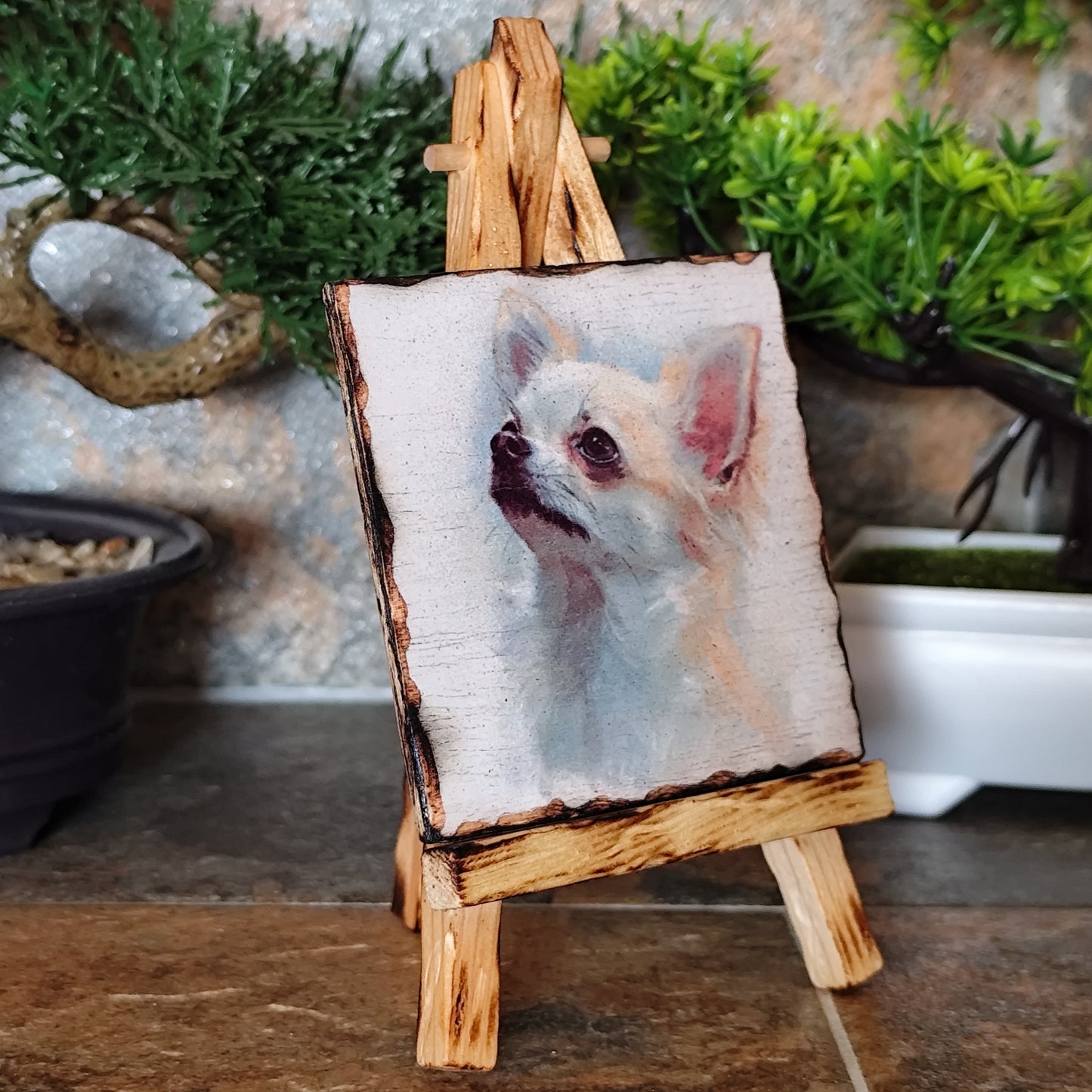 Retrato artesanal de chihuahua pelo largo sobre madera