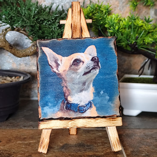 Retrato artesanal de chihuahua pelo corto sobre madera